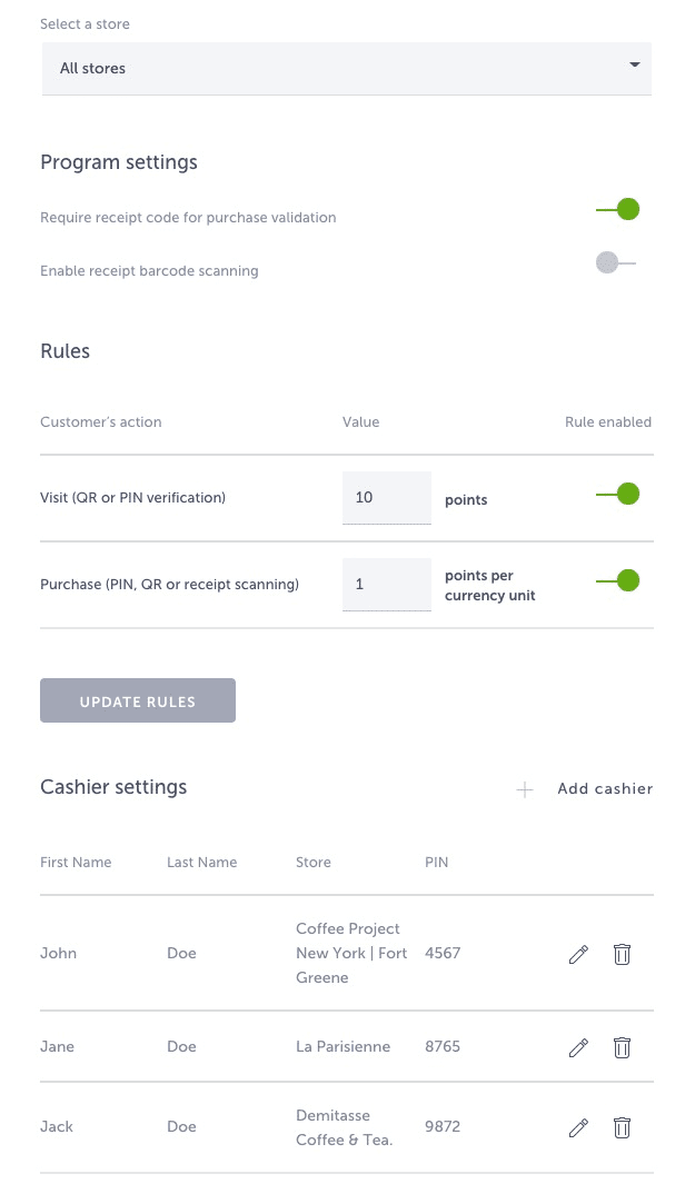 Cashier settings